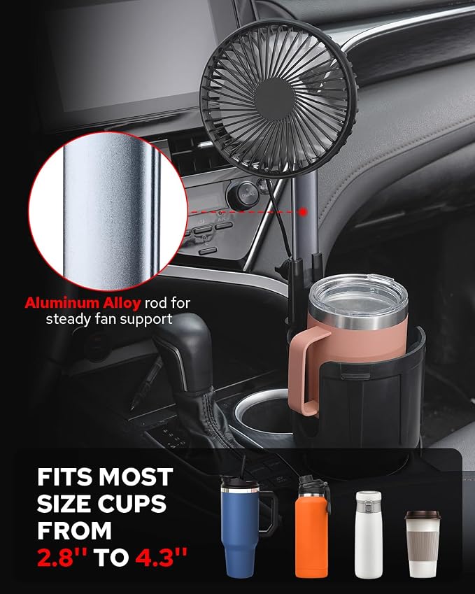 Benlari USB Car Fan with Cup Holder - Upgraded 2 in 1 Cup Fan Holder with 3 Powerful Speed Cooling Wind - Adjustable Extended Bracket Cup Holder for Vehicle Van Truck SUV RV - Image 5