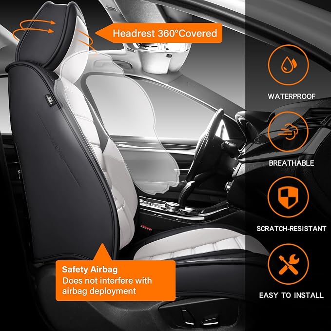 MINGBRON Car Seat Covers Full Set,Black White Car Seat Cover, Car Seat Protector Waterproof, Nappa Leather Car Seat Cushion, Fit for Most Cars - Image 6