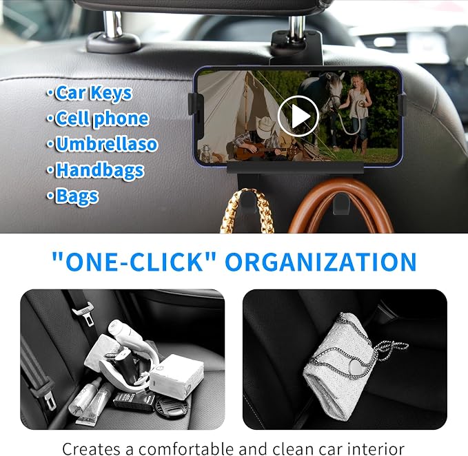 Upgraded Car Headrest Hidden Hook 2 in 1 Car Seat Hooks with Phone Holder for Purse, Hangers Vehicle Organizer ，Durable Hanger Storage Holder Organizer - Image 2