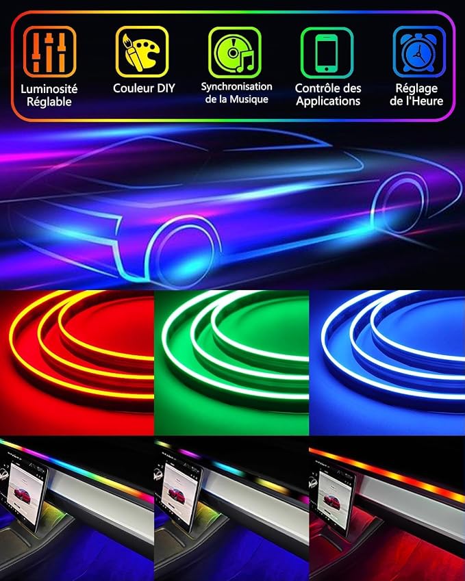Acrylic LED Lights for Car, 43.3in RGB Interior Light Strip, 146 LEDs | USB Port, APP Control, Music Sync and Color Changing RGB Ambient Lighting for Car Interior, Gifts for Women and Men - Image 2