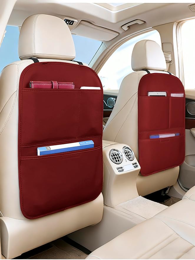 SUTSU Kick Mat Back Seat Protector， Waterproof Leather Car Seat Back Organizers Cover with 3 Storage Pockets for Kids Pets SUV Sedan Minivan Truck Car Travel Accessories (Wine Red 2-pack) - Image 5