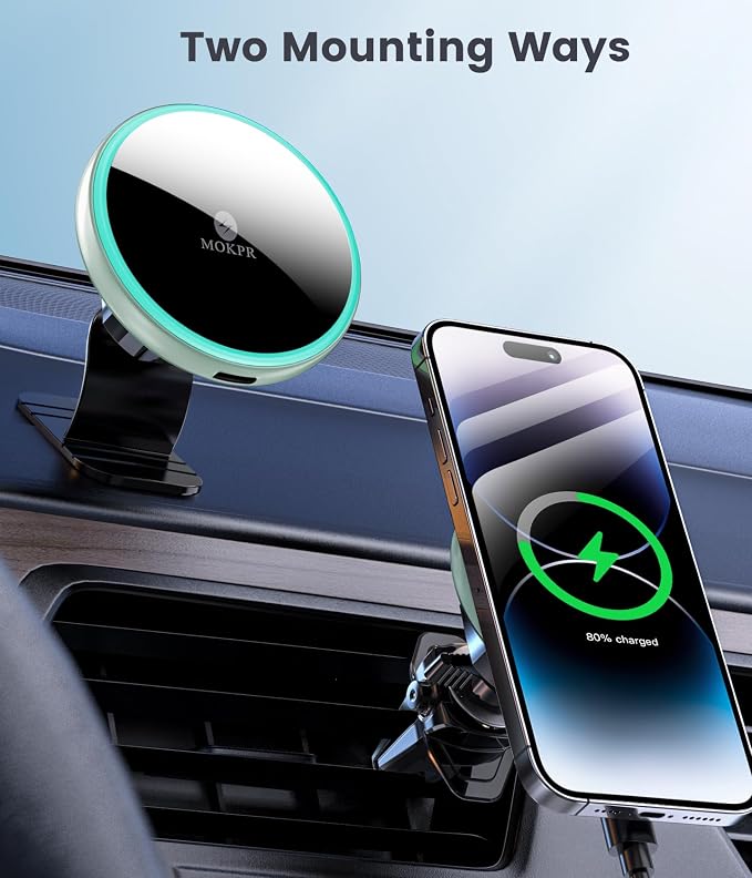 for Magsafe Car Mount Charger 15W LED RGB Car Phone Holder for Dash Vent | HandsFree Magnetic Wireless Car Charger Car Mount Fast Car Charger for iPhone 17 16 15/14/13/12 Series Green - Image 2