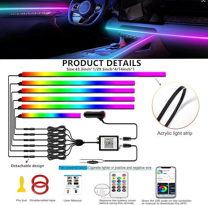 Acrylic Interior Car LED Strip Light with APP Remote Control, 175in 6 in 1 RGB Dreamcolor Neon Flexible Strip Fiber Optic LED Ambient Lighting Kits,RGB Music Lights Sync for Inside car Decorations - Image 8