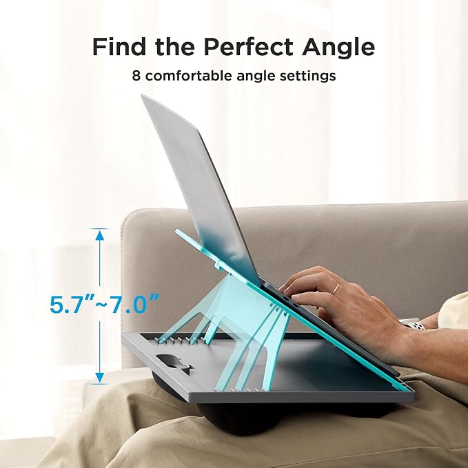 HUANUO Lap Desk with 8 Adjustable Angles – Up to 15.6" Laptop, Turquoise | Dual-cushion base, carry handle, 30% thicker for durability, wider anti-slip ledge, for home office, sofa, bed, car - Image 2