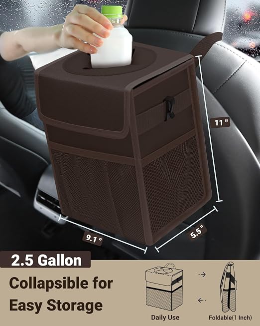 Capolo Car Trash Can with Lid, Leakproof Car Garbage Can Car Trash Bag | Waterproof, Trash Can for Car, 3 Mesh Pockets, Mini Hanging Vehicle Car Trash Bin, for Back/Front Seat (Brown,2.5 Gal) - Image 2