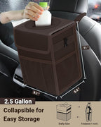 Capolo Car Trash Can with Lid, Leakproof Car Garbage Can Car Trash Bag | Waterproof, Trash Can for Car, 3 Mesh Pockets, Mini Hanging Vehicle Car Trash Bin, for Back/Front Seat (Brown,2.5 Gal) - Image 2