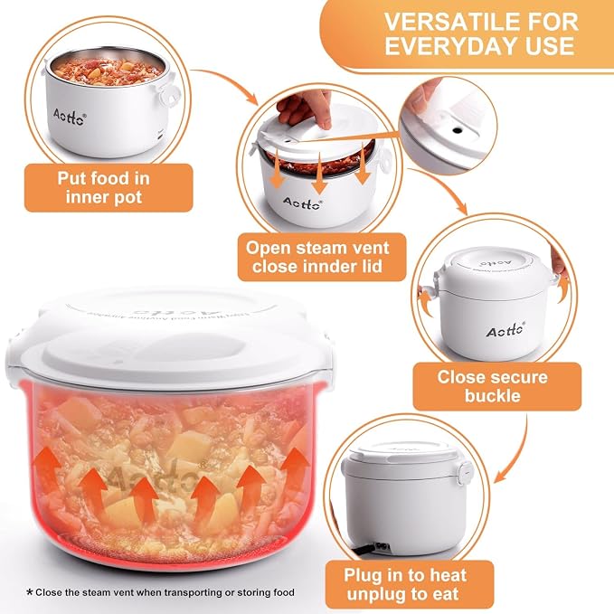 Electric Lunch Box, 32 oz Portable Food Warmer Heater, Lunch Warmer Portable for Work/Office/Car/Travel 12V/24V/110V 3-in-1, Warming Soup & Meal, Spill-Free, Men & Women's Gifts, White - Image 6