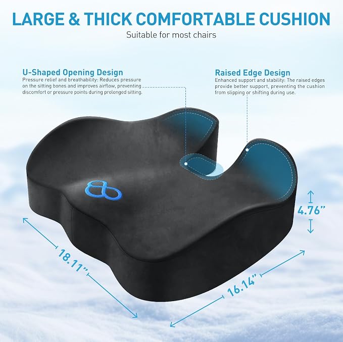 BlissTrends Memory Foam Seat Cushion for Office Chair & Car Seat, Grey | Ergonomic Tailbone & Sciatica Support with Removable Velvet Cover for Pressure Relief and Long Sitting Comfort, 3.3" Thick - Image 4