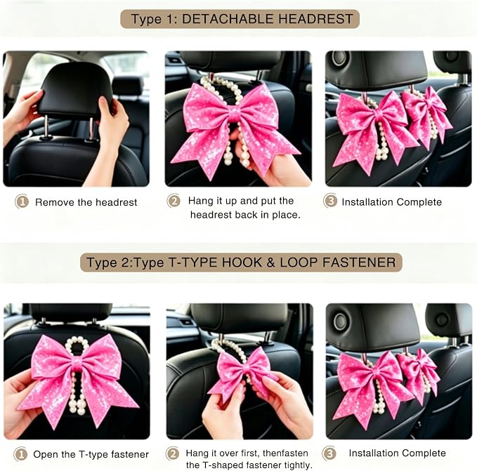 2 Pack Pearl Car Seat Headrest Hook with Bow & Sequin/Leopard/Polka Dot Design – Cute Purse Hanger for Vehicle,Grocery Bags, Umbrellas, Seat Back Organizer for Women (Rose Pink Sequins) - Image 6