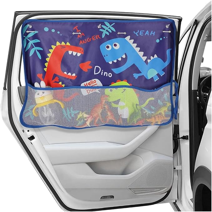 GLSOWEE Car Window Shade for Baby, Blackout Car Window Curtain, Dinosaurs | Storage Pockets & 7 Suction Cups, Cartoon Pattern Car Side Window Sun Shade Cover for Sun/Heat/UV Rays Protection, Blue by GLSOWEE