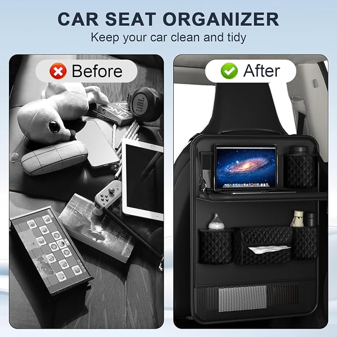 Universal Car Backseat Organizer with Tablet Holder & Foldable Tray - Heavy-Duty Kick Mats Seat Protector for Kids, Waterproof Multi-Pocket Storage for Road Trips, Cars, SUVs​ - Image 3