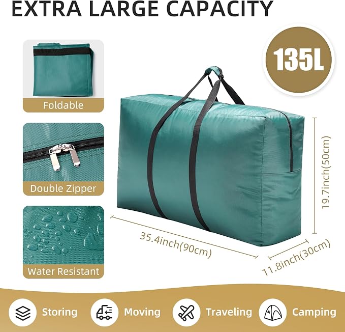 Extra Large travel duffel bag with Strong Handles, 135L Waterproof duffel bag, Durable Zippers, Extra Large Storage Totes for Camping, Space Saving and Moving Supplies, Green - Image 2