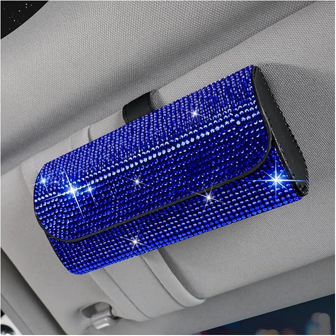 Osilly Bling Car Sunglass Holder for Sun Visor, Sparkling Crystal Leather Automotive Eyeglasses Mount Clip Organizer with Hidden Magnetic Closure for Men Women, Universal for SUV Truck Van（Blue） by Osilly