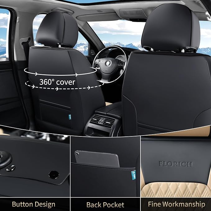 Seat Covers, Car Seat Covers Full Set, Luxury Nappa Leather Seat Covers, Breathable and Waterproof Car Seat Protector 5 Seat, Automotive Seat Covers Universal Fit for Most Cars-Black&Beige - Image 2
