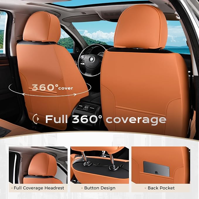 Coverado Universal Car Seat Covers Full Set, Vintage-Style Soft Waterproof Faux Leather Front & Rear Seat Protectors, Comfortable Anti-Stain Interior for Most Vehicles – BrownBlack - Image 2