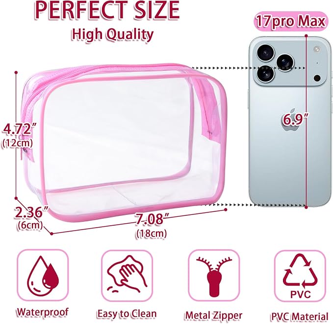 12 Pieces Clear Makeup Bags Bulk, TSA Approved Toiletry Bag Cosmetic Toiletries Pouch with Zipper, Waterproof Vinyl Plastic Organizer Case for Carry-on Travel Essentials (Pink Medium) - Image 2
