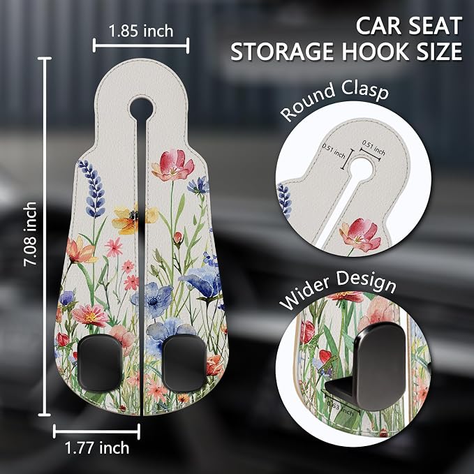 Blusabaca 2PCS Car Seat Headrest Hooks, Purses Bags Holder, Vibrant Floral | PU Leather, Double Metal Back Storage Hangers for Grocery Bags Handbags Bottles Coats Phones, Car Accessories Organization - Image 5