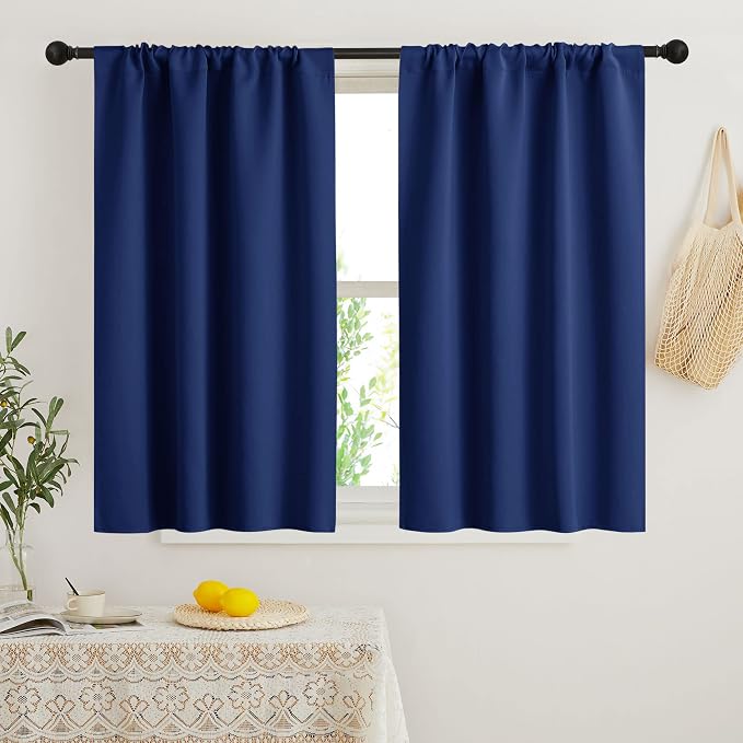 RYB HOME Short Blackout Curtains for Bedroom, Room Darkening Insulated | Rod Pocket, Summer Heat Light UV Blocking, Energy Saving, Drapes for Nursery, W34 x L48, Marine Blue, 2 Panels by RYBHOME