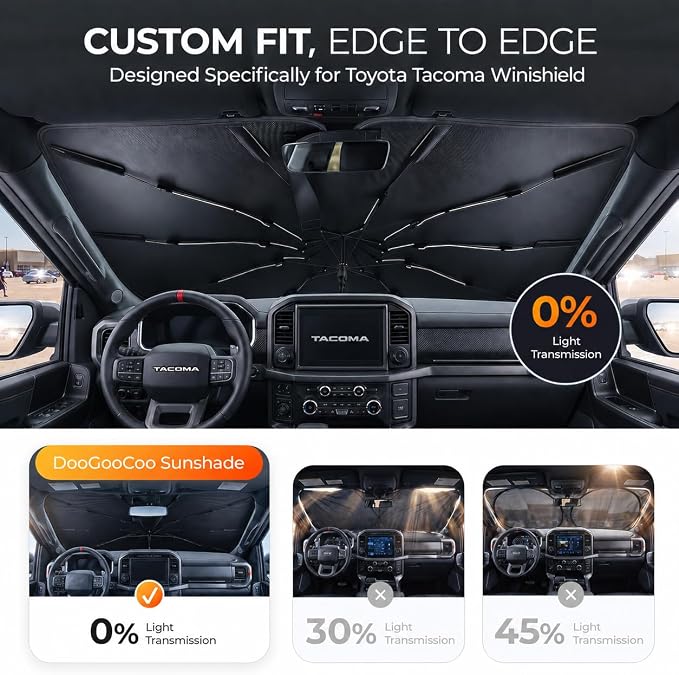 [2026 Upgraed] DooGooCoo Windshield Sun Shade Umbrella for Toyota Tacoma [100% Sunlight Blocked, Ice Crystal Cool] Sunshade for Car Windshield for Tacoma Sun Shade 2016-2026, Custom Fit for Tacoma. - Image 5