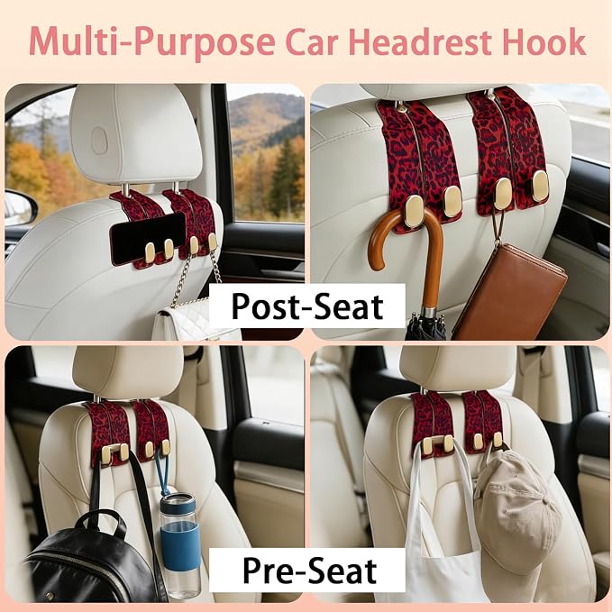 Car Hooks for Headrest: 2Pack Car Seat Back Storage Headrest Hook - Premium Leather Double Metal Hook - Purse Hook For Car Headrest - Car Headrest Hooks for Purses, Handbags, Bags -Red Leopard - Image 7