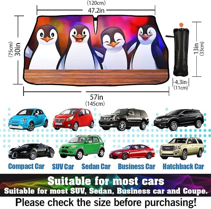 Socira Funny Penguin Car Windshield Sun Shade Umbrella Foldable Sunshade | for Front Window Auto Windshield Sunshade Covers Car Accessories Protect from Sun Rays Heat 57'' X 30'' - Image 3