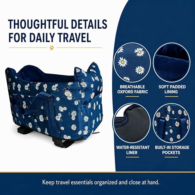 Center Console Dog Car Seat Safe Travel for Small Dogs Under 15 lbs | Detachable Washable Pet Carrier with Storage Pockets & Safety Leash,Navy Blue - Image 6