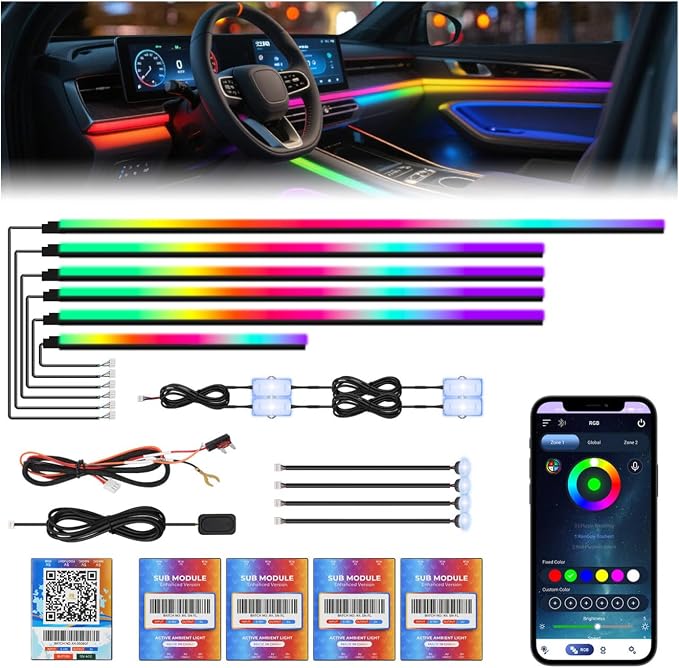 Dreamcolor Acrylic Car Ambient Lighting Kit 14 in 1 LED Interior Car Strip Lights APP Control Zoned Control System 252 Color Modes DIY Neon Wireless Sound Activated RGB Neon Light Kits New Version by WEBUPAR