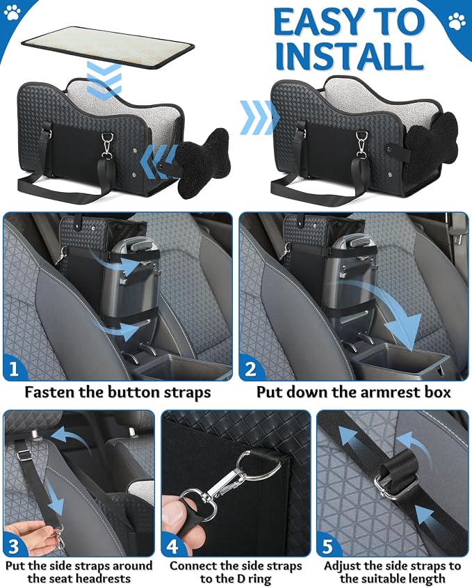 Center Console Dog Car Seat, Pet Car Seat, Armrest Middle Console Booster Travel Carrier for Small Dogs and Cats(Black Leather) - Image 7