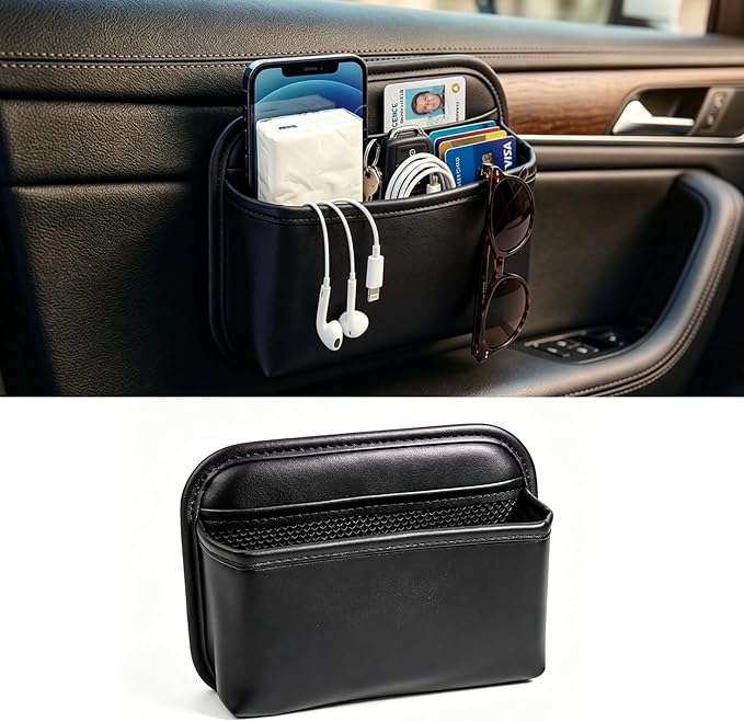 Car Seat Side Organizer, Small PU Leather Adhesive Storage Pocket, Car & Truck Interior Accessories, Auto Door Console Gap Filler, Sunglass Holder & Phone Pouch for Keys, Wallet, Cards, Pen, Black by Filavenoro