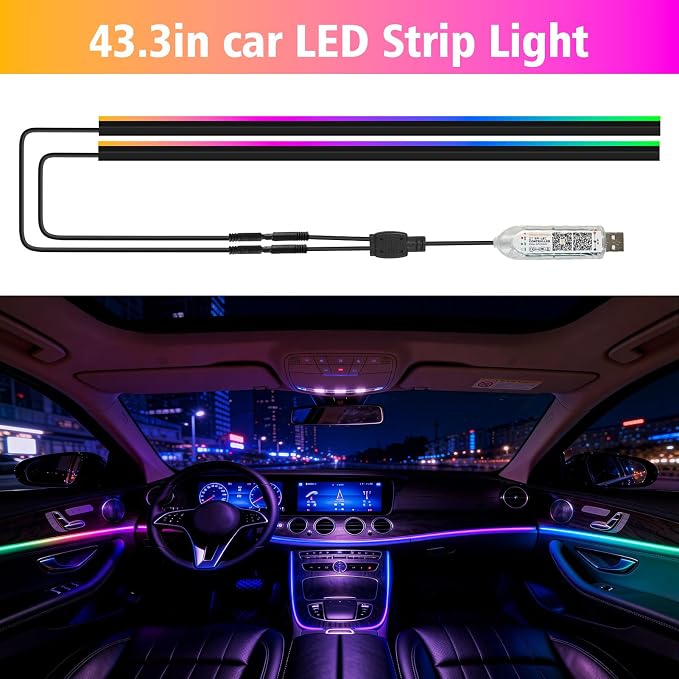 118" Acrylic Interior Car Lights with Smart APP RGB 2 in 1 (2 * 59in) | USB Powered Ambient Lighting Kits, 0.08in Ultra-Thin Thickness Car LED Strip Light Music Sync Neon Strip for Vehicle - Image 7