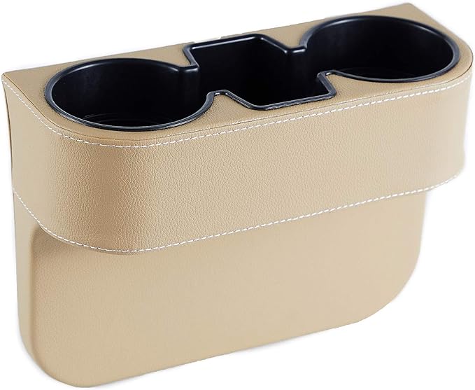 IOKONE Cup Holder for Car, Console Side Pocket, PU Leather Cover, Beige | Car Seat Gap Filler Organizer, Front Seat Organizer, Drink Holder for Car, Cell Mobile Phone Holder, Car Coin Holder by IOKONE