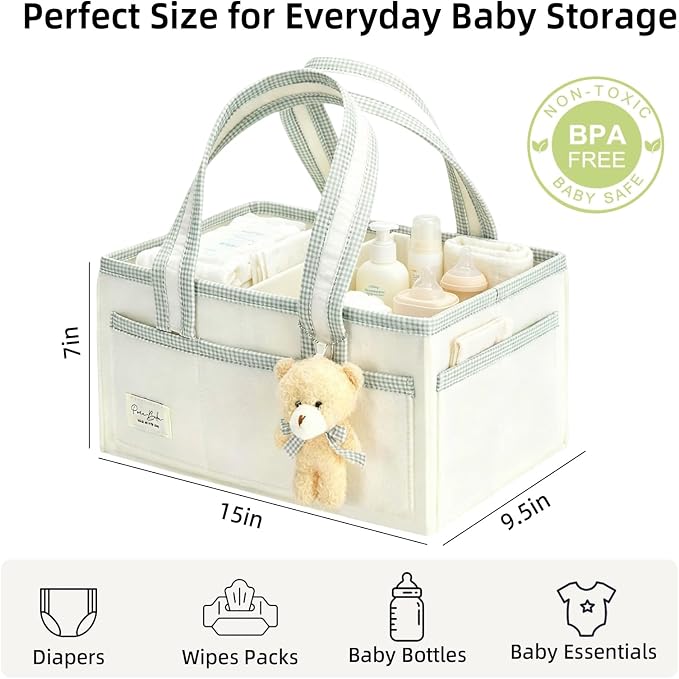Portable Diaper Caddy Compatible with Skip Hop, Foldable Nursery Storage Tote with Removable Divider, Side Pockets & Cute Bear Pendant for Changing Table, Car & Home - Image 2
