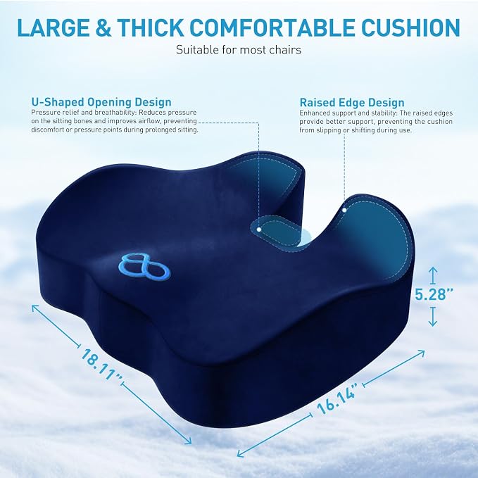 BlissTrends Thick Seat Cushion for Office Chair & Car Seat, XL, Blue | Memory Foam with Removable Cover, Ergonomic Tailbone & Sciatica Support for Pressure Relief and Long Sitting, 3.9" Thick - Image 2