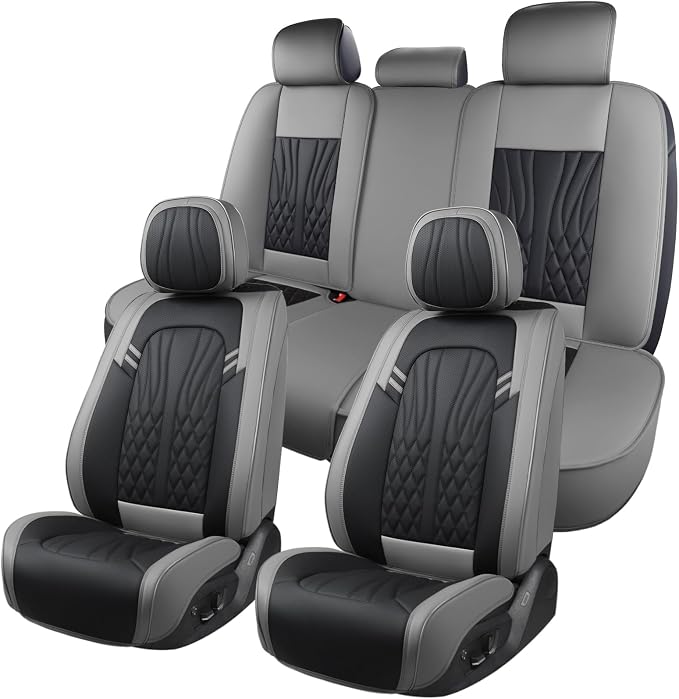 MINGBRON Leather Car Seat Covers,Car Seat Protector Waterproof,Seat Covers Full Set, Car Seat Protectors 5 Seats,Automotive Seat Covers Fit Most Cars Grey&Black by MINGBRONCARSEATCOVER