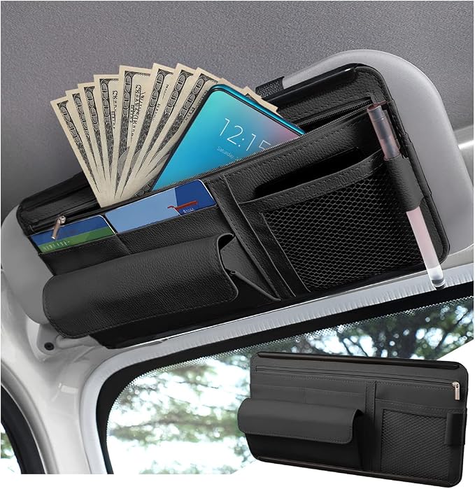 Zipelo 12.2 x 6.5 Inch PU Leather Car Sun Visor Organizer, Black | ABS backing, mesh and zipper pockets, holds cards glasses pens and cables, dual elastic strap mounting, fits most sunshades by zipelo