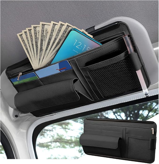 Zipelo 12.2 x 6.5 Inch PU Leather Car Sun Visor Organizer, Black | ABS backing, mesh and zipper pockets, holds cards glasses pens and cables, dual elastic strap mounting, fits most sunshades by zipelo