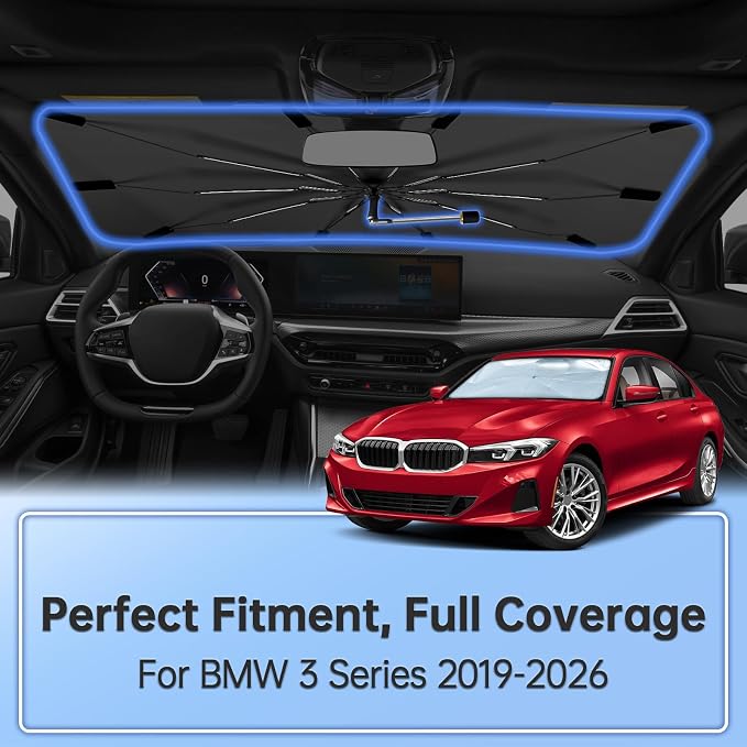 Windshield Sun Shade Umbrella for BMW 3 Series 2019-2026 Front Window | Foldable Car Sunshade, 360 Rotation Automotive Interior UV Protection for Outdoor Parking, Keep Car Cool - Image 2