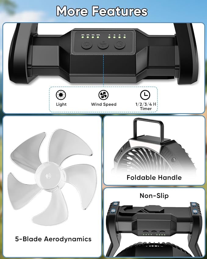 Portable Rechargeable Fan, 20000mAh Battery Powered Camping Fan with LED Light & Hook, 270° Adjustable, 4-Speed, 4H Timer Camping Essentials for Outdoor Tent Travel BBQ Car, Gifts for Men Dad - Image 5