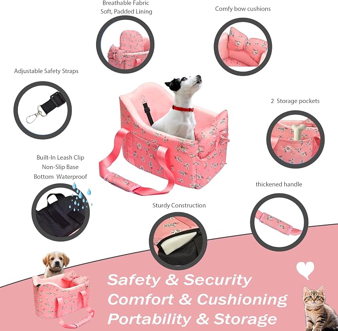 Console Dog Car Seat for Small Dogs Up to 11 Lbs, Pink Daisy | Portable Armrest Booster With Soft Cushion Safety Belt - Image 7