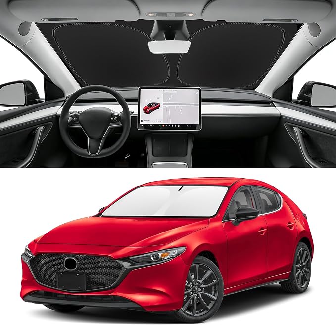 Custom Fit Windshield Sun Shade for Mazda 3 2019-2026 | Blocks UV Rays and Sun Heat, Helps Reduce Interior Temperature, Protects Dashboard from Fading, Folds Easily for Storage by SLOGENTO