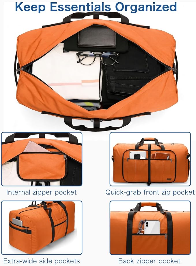 100L Travel Duffle Bag for Men, Urtala 32” Large Duffle Bag for Traveling with Shoe Compartment, Foldable Travel Duffel Bag for Men Women Waterproof & Tear Resistant (Orange, EXTRA LARGE, 100L) - Image 3