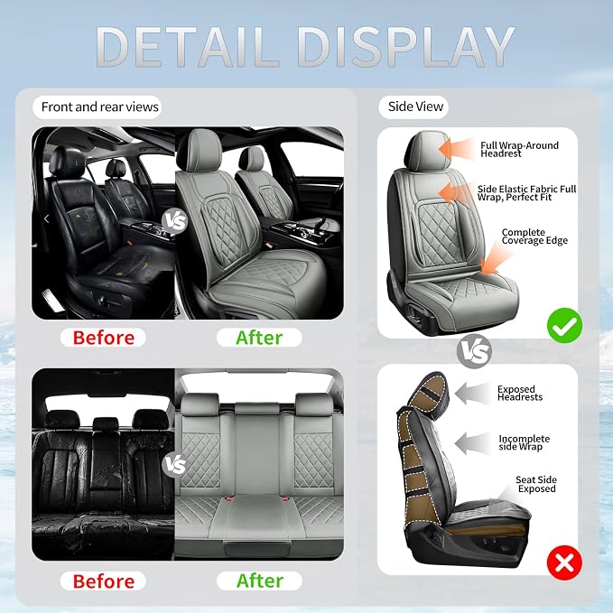 Fit FJ Cruiser Premium Leather Car Seat Covers for Toyota FJ Cruiser 2007-2013 2014 - Waterproof，Breathable，All-Weather Seat Cushion Protecto & Airbag Compatible, 2 Front Seat Gray - Image 6