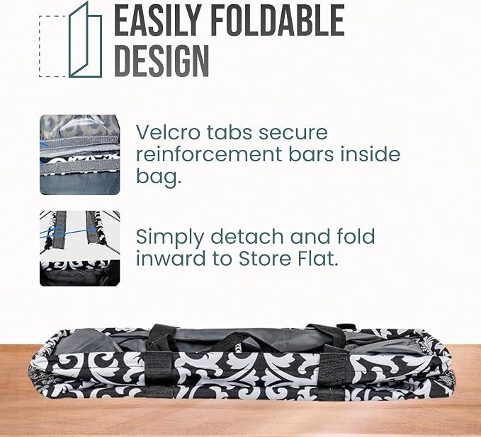 Extra Large Utility Tote Bag - Oversized Collapsible Reusable Wire Frame Rectangular Canvas Basket With Two Exterior Pockets For Beach, Pool, Laundry, Car Trunk, Storage - Damask Black - Image 6