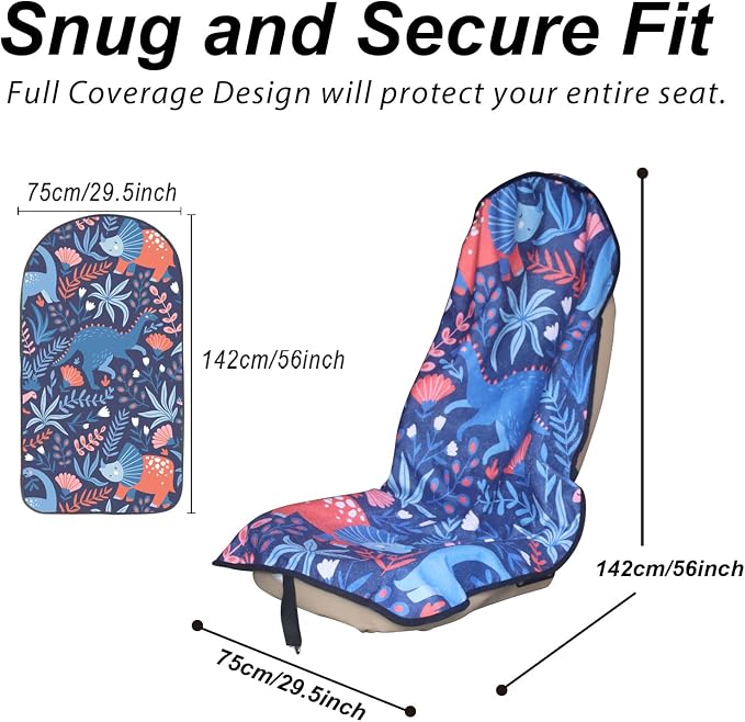 Sweat Towel Car Seat Cover Protector Front Seats for Gym Workout, Running, Swimming, Beach and Hiking, Waterproof Universal Seat Cover for Car, Trucks, Van & SUV (1, Dinosaur, Front) - Image 2