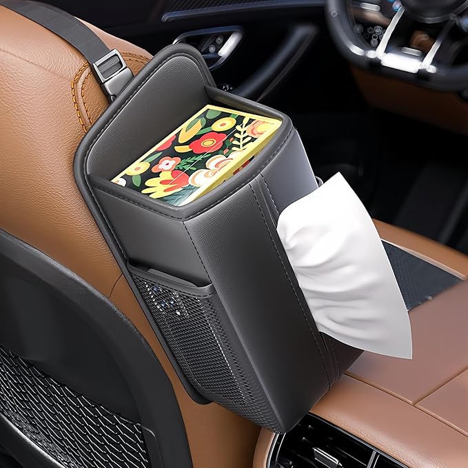Tumecos Rectangle Car Tissue Box Holder,Car Storage Organizer for Front and Back Seat,Side Mount Hanging Bags with 2 Mesh Pockets,Waterproof Side Organizer,Napkin Cover by Tumecos