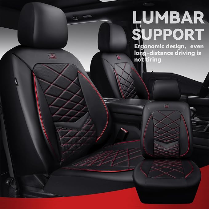 CAR PASS Luxury Nappa Leather Front Seat Covers, Water Resistant 3D Foam Seat Covers with Lumbar Support, Breathable Auto Seat Cover Airbag Compatible Universal Fit for Sedan SUV Van Truck, Black Red - Image 3