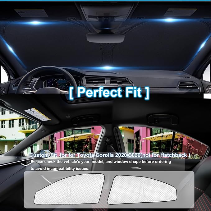 KMF 6pcs Thicken Sun Shades for Toyota Corolla 2020-2025 2026 Accessories (Not Corolla Cross), Full Car Window Covers for Windshield Side Rear, UV Block and Privacy Blackout for Camping - Image 5