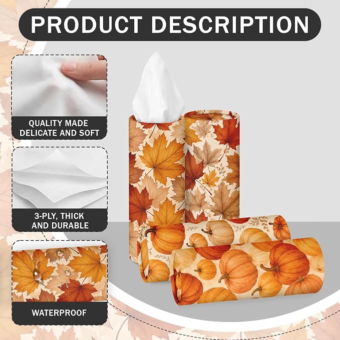 Arttown Car Tissue Holder for Cup Holder Fall Facial Tissues 12 Pack | Pumpkin Bulk 3-Ply,Refillable Marble Print Cylinder Tissue Boxes,Fit Car Home Office School (600 Sheets Total,50 Sheets Each) - Image 6
