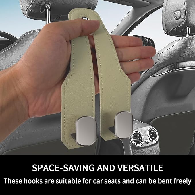 Car Purse Hook, Car Seat Headrest Hooks, Beige Leather 4 Pack | Car Purse Holder Hooks, Universal Car Hangers Seat Back Organizer Storage, Double Metal Hooks for Grocery Purses and Bags - Image 6