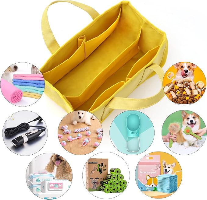 GUANJUNX Pet Tote Bag For Dog Supplies Organizer With 6 Large Pockets For Tools And Dog Foods, Travel Outdoor Bag (Yellow) - Image 2